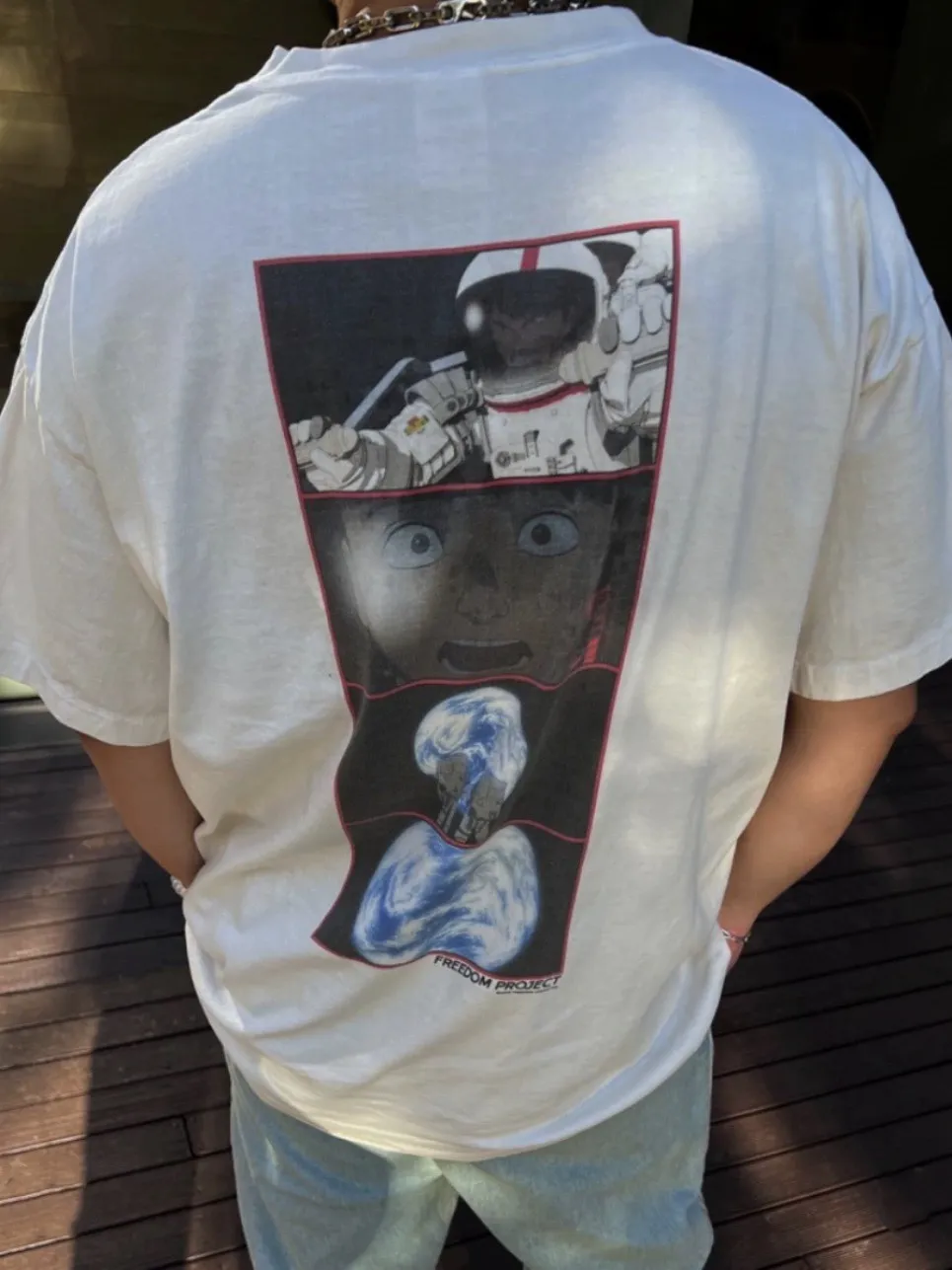 VT9236 P130💰 Saint Michael x FREEDOM comic vintage retro distressed short sleeves Small neckline design White ink digital direct printing High street retro heavy distressed washed Vintage short sleeves Size: S M L XL